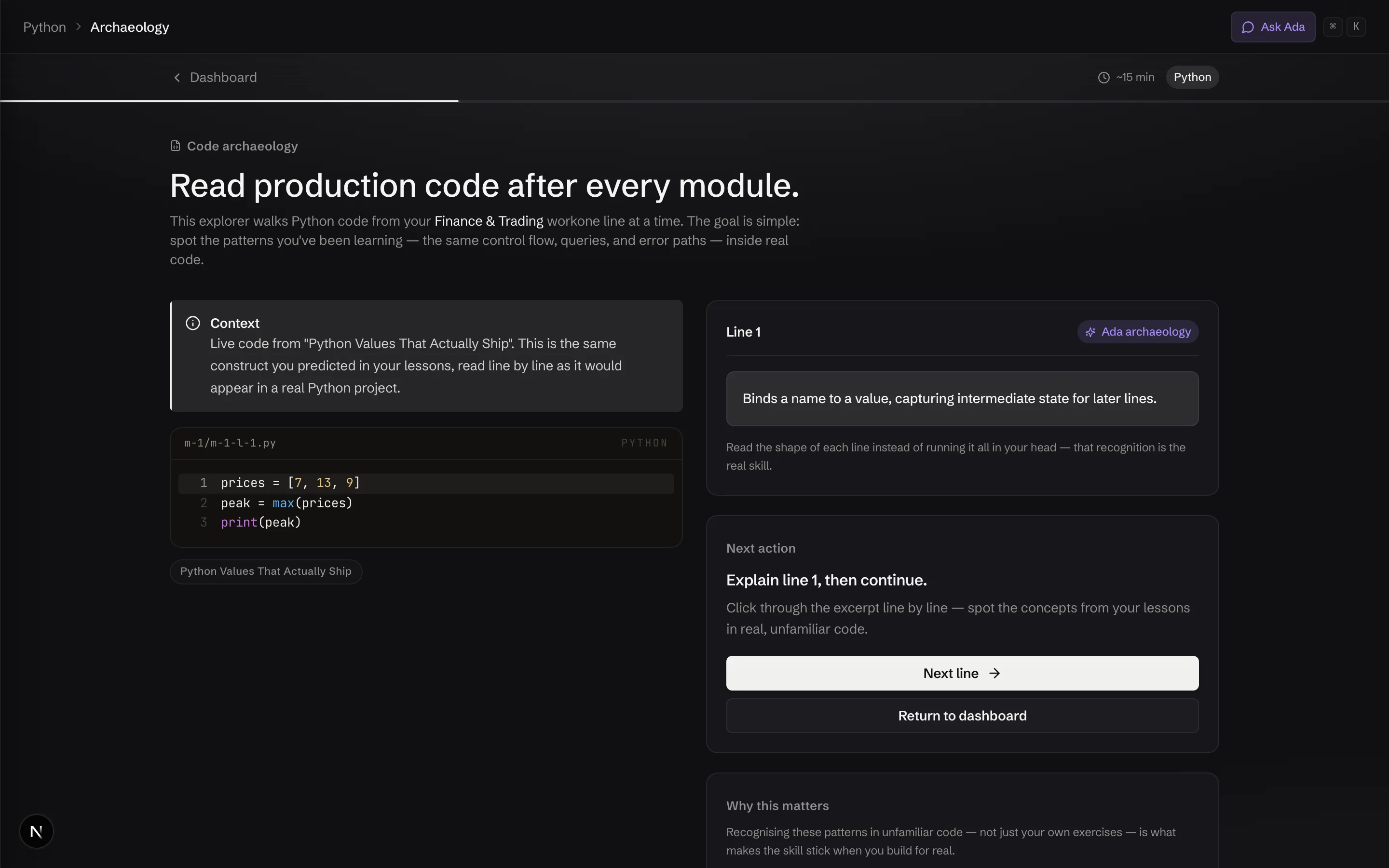 Atelo code archaeology: real project code read line by line, with annotations naming the concept each line uses and a continue action.